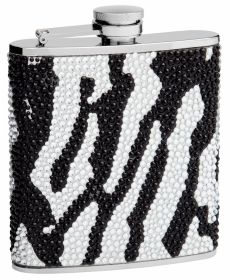 Rhinestone Hip Flask Holding 6 oz - Zebra Pattern Design - Pocket Size