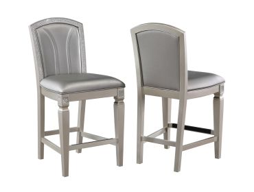 Luxury Formal Glam 2pc Set Dining Side Counter Height Chair Silver Finish Sparkling Embellishments Surround Wooden Furniture
