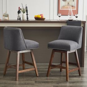 26" Upholstered Swivel Bar Stools Set of 2, Modern Linen Fabric High Back Counter Stools with Nail Head Design and Wood Frame