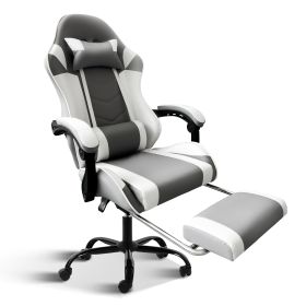 YSSOA Racing Video Backrest and Seat Height Recliner Gaming Office High Back Computer Ergonomic Adjustable Swivel Chair, With footrest, Grey/White
