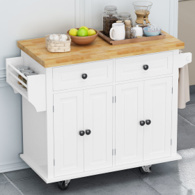 Kitchen Island Cart with Two Storage Cabinets and Two Locking Wheels, 43.31 Inch Width, 4 Door Cabinet and Two Drawers, Spice Rack, Towel Rack (White)