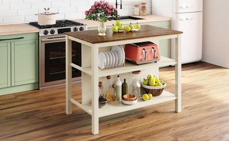 TOPMAX Solid Wood Rustic 45" Stationary Kitchen Island, Rubber Wood Butcher Block Dining Table Prep Table with 2 Open Shelves for Small Places,Walnut+
