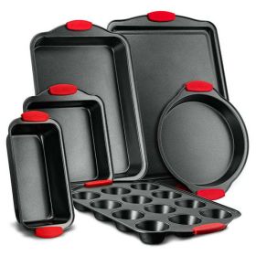 6-Piece Nonstick Bakeware Set Carbon Steel Baking Tray W/ Heat safe Red Silicone Handles