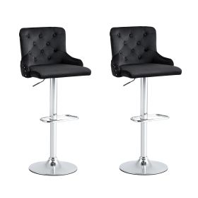 Bar Stool, Velvet Upholstered SEAT , Gas lifter, Decorated with Nailhead Trim,Set of 2, Black seat, Silver base, Square footrest,