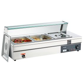 VEVOR 3-Pan Commercial Food Warmer, 3 x 12QT Electric Steam Table with Tempered Glass Cover, 1500W Countertop Stainless Steel Buffet Bain Marie 86-185