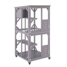 Cat House Outdoor, 3-Tier Large Catio, Cat Enclosure with 360Â° Rotating Casters, 2 Platforms, A Resting Box and Large Front Door
