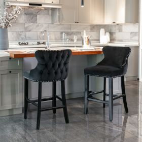 A&A Furniture,Contemporary Velvet Upholstered Wing-Back Barstools with Button Tufted Decoration and Wooden Legs, and Chrome Nailhead Trim, Leisure Sty
