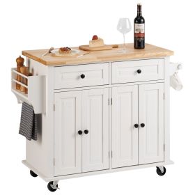 Kitchen Island Cart with Solid Wood Top, 35.4" Width Mobile Carts with Storage Cabinet, Rolling Kitchen Table with Spice Rack, Towel Rack, and Drawer