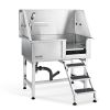 38" Pet Dog Bathing Station w/Ramp, Professional Stainless Steel Dog Grooming Tub w/ Storage Drawer, Floor Grate, Faucet, Dog Bathtub for Large,Medium
