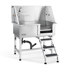 38" Pet Dog Bathing Station w/Ramp, Professional Stainless Steel Dog Grooming Tub w/ Storage Drawer, Floor Grate, Faucet, Dog Bathtub for Large,Medium