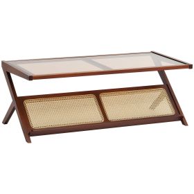 Rattan Coffee Table, Z-Shaped Rattan Woven Bamboo Coffee Table with Tempered Glass Top, 47' Modern Boho Storage Coffee Table with Natural Bamboo Legs