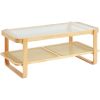Rattan Coffee Table, Rectangle Rattan Woven Wood Coffee Table with Tempered Glass Top, 45-Inch Modern Boho Storage Coffee Table with Natural Wood Legs