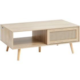 Rattan Coffee Table, Mid Century Modern Coffee Table, Rectangle Wood Coffee Table, 42 Inch Modern Boho Style Two Layers Storage Coffee Table