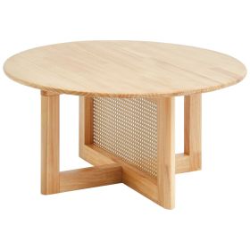 Rattan Coffee Table, Round Rattan Woven Wood Coffee Table with Rubber Wood Top, 33 in Modern Boho Circular Storage Coffee Table with Natural Wood Legs