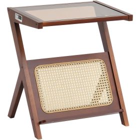 Rattan Coffee Table, Z-Shaped Rattan Woven Bamboo Coffee Table with Tempered Glass Top, 20' Modern Boho Storage Coffee Table with Natural Bamboo Legs