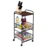 3-Tier Slim Rolling Cart With Metal Basket Drawers;  Black/Natural