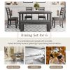 Dining Room Table and Chairs with Bench, Rustic Wood Dining Set, Set of 6 (Gray)
