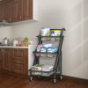 3-Tier Folding Rolling Cart;  Rolling Storage Cart with 3 Metal Wire Baskets for Kitchen; Bedroom; Living Room;  and Bathroom;  Black