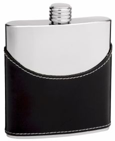Cow Leather Hip Flask Holding 6 oz - Pocket Size (Option: Stainless Steel Rustproof Screw-On Cap - Black and Mirror Polished Finish Perfect for Engraving)