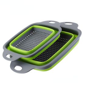 Collapsible Colander Set Of 2; Silicone Square Strainer With Handle For Kitchen Food Draining Pasta Vegetable Fruit And Meat (Color: Green Set (1 Large + 1 Small))