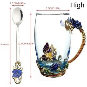 1pc Rose Enamel Crystal Tea Cup; Coffee Mug; Tumbler Butterfly Rose Painted Flower Water Cups; Clear Glass With Spoon Set (Color: Blue, size: High)