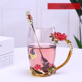 1pc Rose Enamel Crystal Tea Cup; Coffee Mug; Tumbler Butterfly Rose Painted Flower Water Cups; Clear Glass With Spoon Set (Color: Red, size: High)