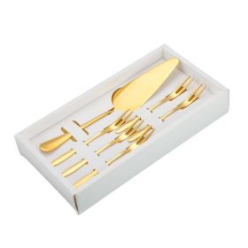 6pcs/set Cake Knife And Fork Set for Household & Commerial (type: With 2-tine Forks, Color: gold)