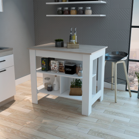 Brooklyn Antibacterial Surface Kitchen Island; Three Concealed Shelves (Color: White / Light Gray)