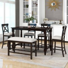 6-Piece Counter Height Dining Table Set Table with Shelf 4 Chairs and Bench for Dining Room (Color: Espresso)