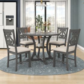 5-Piece Round Dining Table and 4 Fabric Chairs with Special-shaped Table Legs and Storage Shelf (Color: gray)