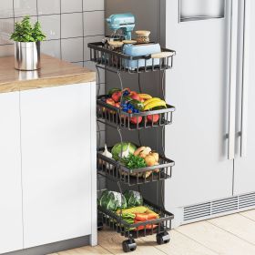 4 Tier Fruit Vegetable Basket for Kitchen, Storage Cart, Vegetable Basket Bins, Wire Storage Organizer Utility Cart with Wheels, Medium, Black (Color: Black)