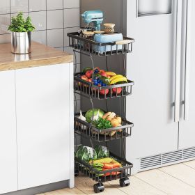 4 Tier Fruit Vegetable Basket for Kitchen, Storage Cart, Vegetable Basket Bins, Wire Storage Organizer Utility Cart with Wheels, Medium, Black (Color: Black)