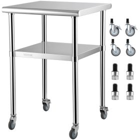 VEVOR Stainless Steel Prep Table, 24 x 24 x 36 Inch, 600lbs Load Capacity Heavy Duty Metal Worktable with Adjustable Undershelf & Universal Wheels, Co (Item Size: 24 x 24 inch)