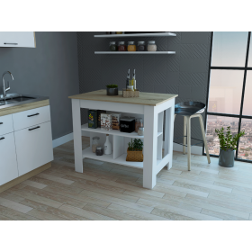 Brooklyn Antibacterial Surface Kitchen Island; Three Concealed Shelves (Color: White / Light Oak)