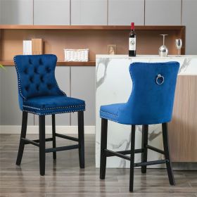 Furniture; Contemporary Velvet Upholstered Barstools with Button Tufted Decoration and Wooden Legs;  and Chrome Nailhead Trim;  Leisure Style Bar Chai (Color: Blue)