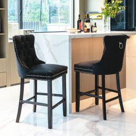 Furniture; Contemporary Velvet Upholstered Barstools with Button Tufted Decoration and Wooden Legs;  and Chrome Nailhead Trim;  Leisure Style Bar Chai (Color: Black)
