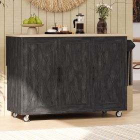 51.2"W Geometric Twill Stripe Textured Design Kitchen Island with Drop Leaf, Farmhouse Kitchen Island on Wheels with Internal Storage Rack (Material: MDF,Pine, Color: Black)