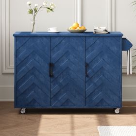 51.2"W 3D Wave Stripes Ash Veneer Kitchen Island with Drop Leaf, Farmhouse Kitchen Island on Wheels with Internal Storage Rack, Rolling Kitchen Cart (Material: MDF,Pine, Color: Navy Blue)