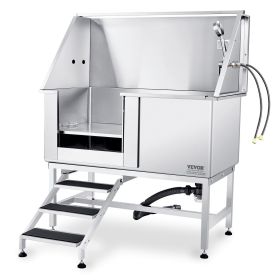 50" Pet Dog Bathing Station w/Stairs, Professional Stainless Steel Dog Grooming Tub w/ Soap Box, Faucet,Rich Accessory, Dog Bathtub for Large,Medium (With Stairs or Ramp: With Stairs, size: 50 inch)