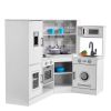 Corner Wooden Play Kitchen, Toy Set with Lights and Sounds, Toddler Kitchen with Ice Maker, Oven, Sink, Clock, Microwaves