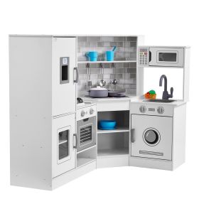 Corner Wooden Play Kitchen, Toy Set with Lights and Sounds, Toddler Kitchen with Ice Maker, Oven, Sink, Clock, Microwaves (Product Type: Corner Style, Color: White)