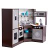 Corner Wooden Play Kitchen, Toy Set with Lights and Sounds, Toddler Kitchen with Ice Maker, Oven, Sink, Clock, Microwaves