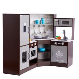 Corner Wooden Play Kitchen, Toy Set with Lights and Sounds, Toddler Kitchen with Ice Maker, Oven, Sink, Clock, Microwaves (Product Type: Corner Style, Color: Brown)