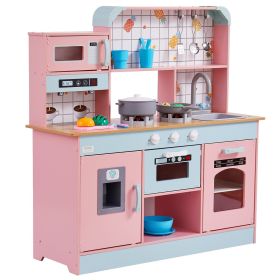 Play Kitchen for Kids, Wooden Toy Kitchen Set with Lights and Sounds, Toddler Kitchen with Ice Maker, Oven, Sink, Microwaves (Product Type: Integrated, Color: Light Pink)