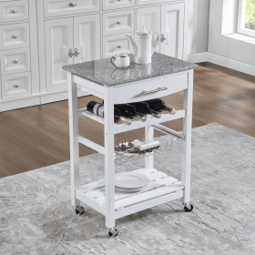Mobile Rolling Kitchen Island Trolley Serving Cart with Underneath Drawer & Slide-Out Wire Storage Basket (Main Color: White, Main Material: Marble+Metal)