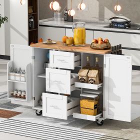 Rolling Kitchen Island with Storage, Kitchen Cart with Rubber Wood Top, 3 Drawer, 2 Slide-Out Shelf and Internal Storage Rack (Material: MDF, Color: White)