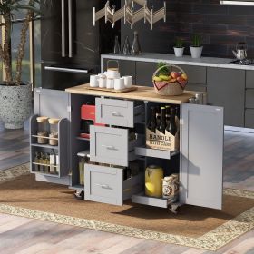 Rolling Kitchen Island with Storage, Kitchen Cart with Rubber Wood Top, 3 Drawer, 2 Slide-Out Shelf and Internal Storage Rack (Material: MDF, Color: Grey-Blue)