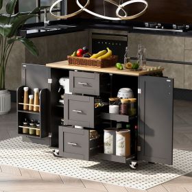 Rolling Kitchen Island with Storage, Kitchen Cart with Rubber Wood Top, 3 Drawer, 2 Slide-Out Shelf and Internal Storage Rack (Material: MDF, Color: Black)
