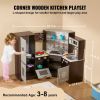 Corner Wooden Play Kitchen, Toy Set with Lights and Sounds, Toddler Kitchen with Ice Maker, Oven, Sink, Clock, Microwaves