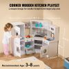 Corner Wooden Play Kitchen, Toy Set with Lights and Sounds, Toddler Kitchen with Ice Maker, Oven, Sink, Clock, Microwaves